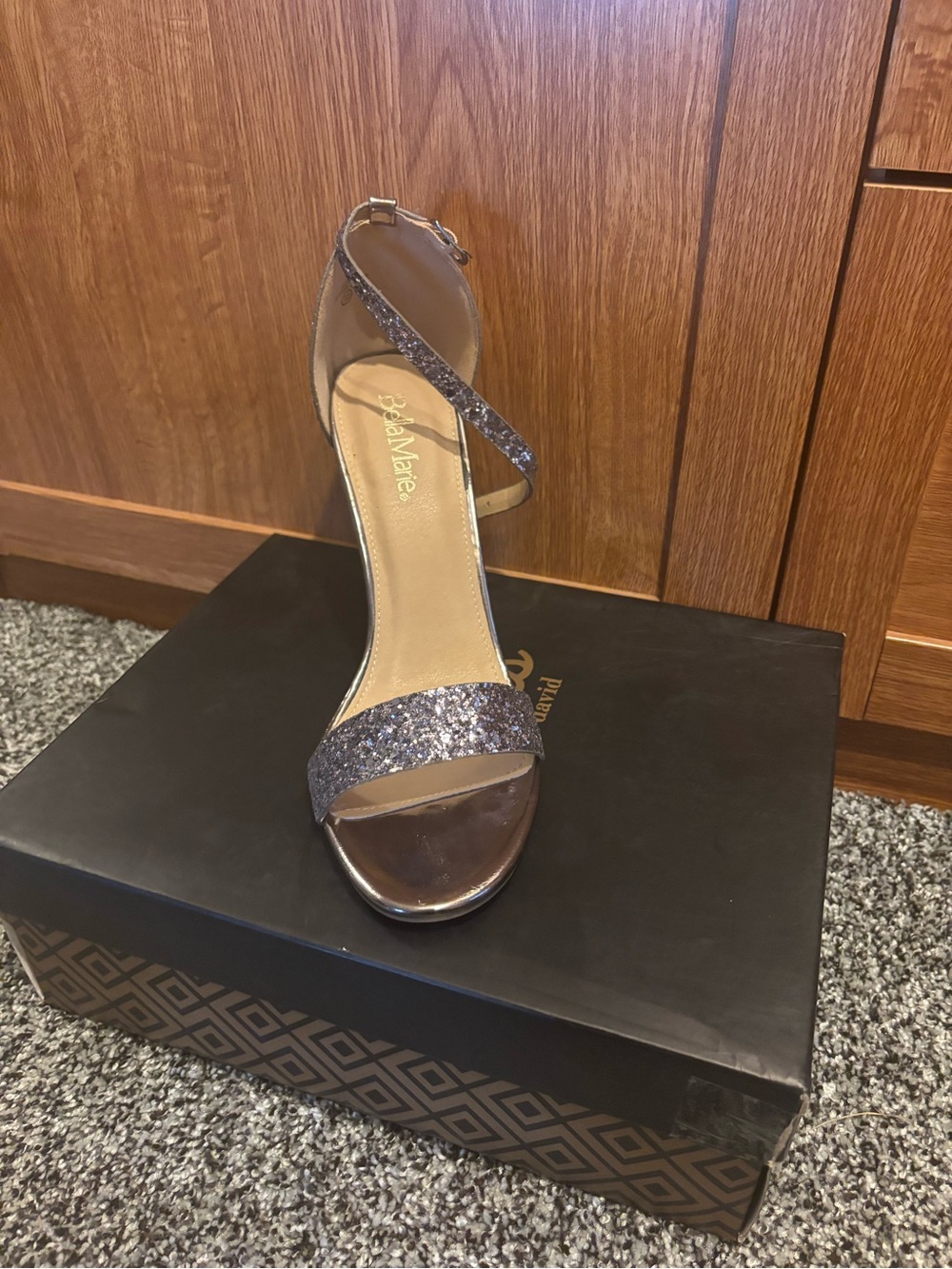 Bella Marie Glitter Ankle-Strap Heel in Metallic Pewter